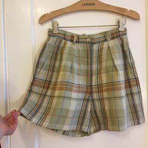 Vintage Plaid Linen High Waisted Shorts